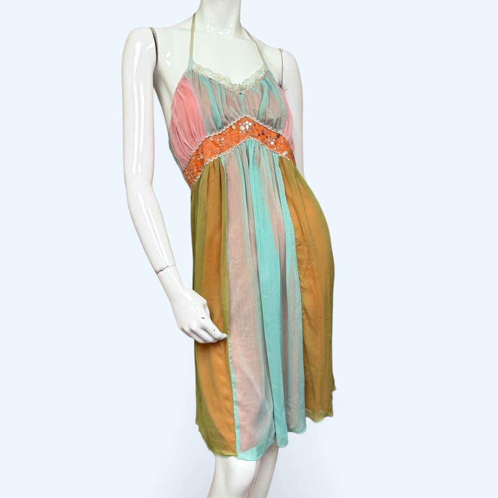 Y2K Pastel Chiffon Sequin Beaded Fairy Halter Midi Dress Multi Color Womens